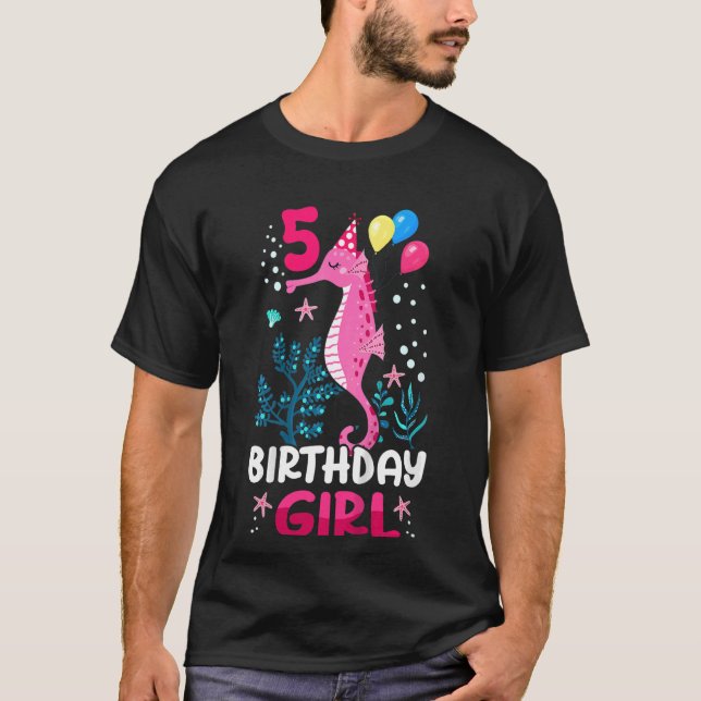 Barn 5:e födelsedagstjejen Seahorse Ocean Birthday T Shirt (Framsida)