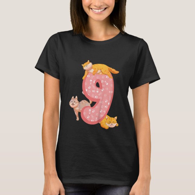 Barn 9:e födelsedag Rosa Cat ThLED Cat Tassar Bira T Shirt (Framsida)