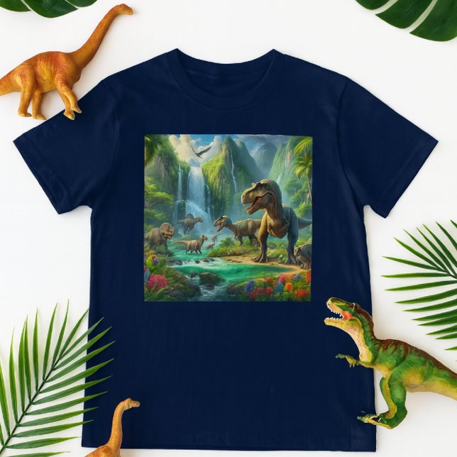Barn AI Konst Dinosaurier Tropisk Grön T Shirt (Playful dinosaur tee mockup with toys and tropical leaves on a clean white background)
