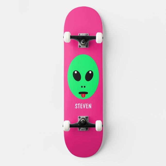 Barn Alien Head Grönt Rosa Personlig Namn Mini Skateboard Bräda 18,5 Cm (Framsida)