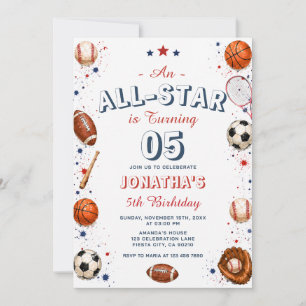 Barn All Star Sport 5-års födelsedagsfest för pojk Inbjudningar