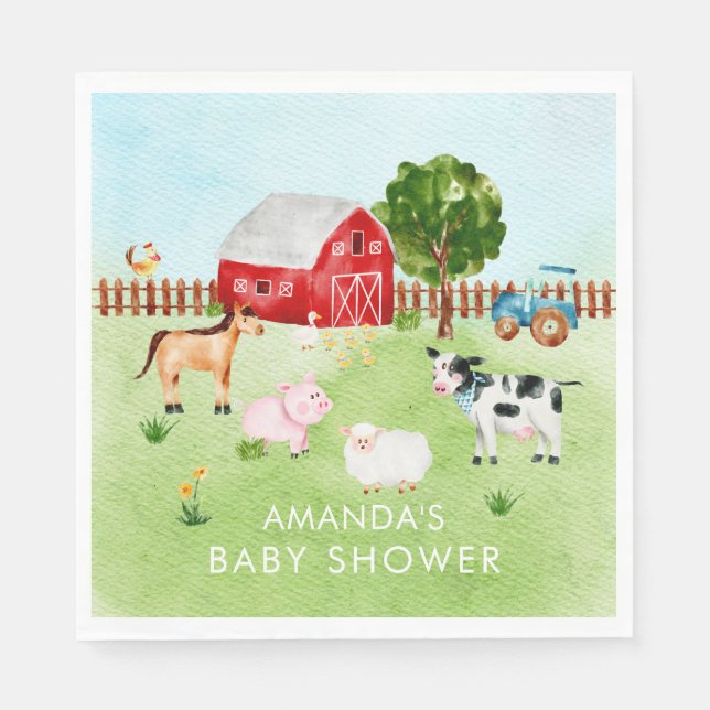 Barn Animals Neutralt Baby Shower Papper Napkins Pappersservett (Framsidan)