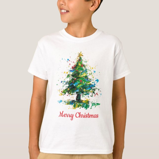 Barn Anpassningsbar Oljemålning Julgran T Shirt (Framsida)
