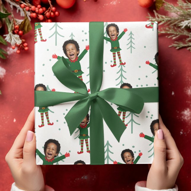 Barn Ansikte & Namn Elf jul samt Mönster Presentpapper (Little Elf Custom Kid's Face Funny Christmas Wrapping Paper)