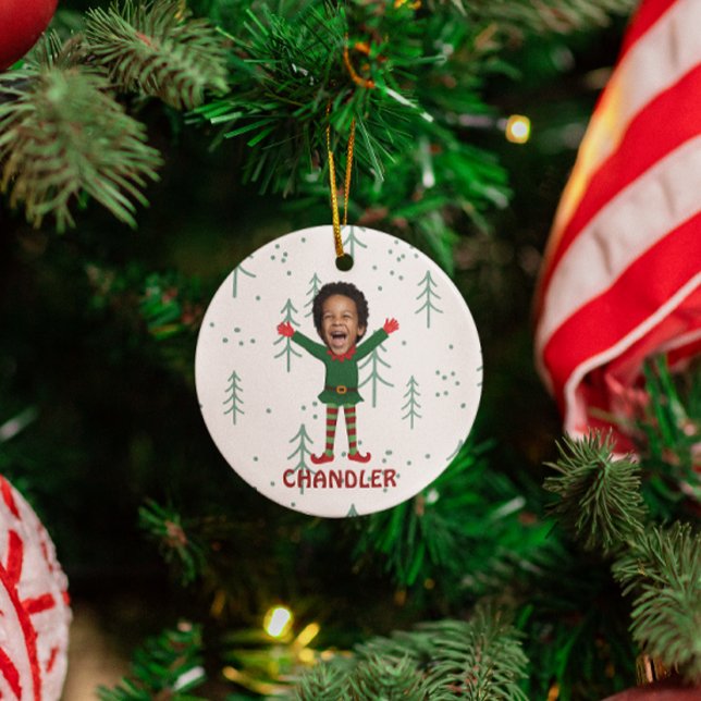 Barn Ansikte & Namn Elf julklappstift Julgransprydnad Keramik (Custom Elf Photo Kid Christmas Funny Personalized Ornament)