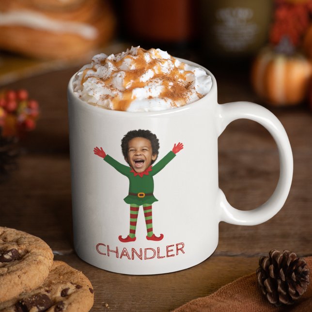 Barn Ansikte & Namn Elf julklappstift Kaffemugg (Elf Face Photo and Name Custom Personalized Funny Christmas Mug)
