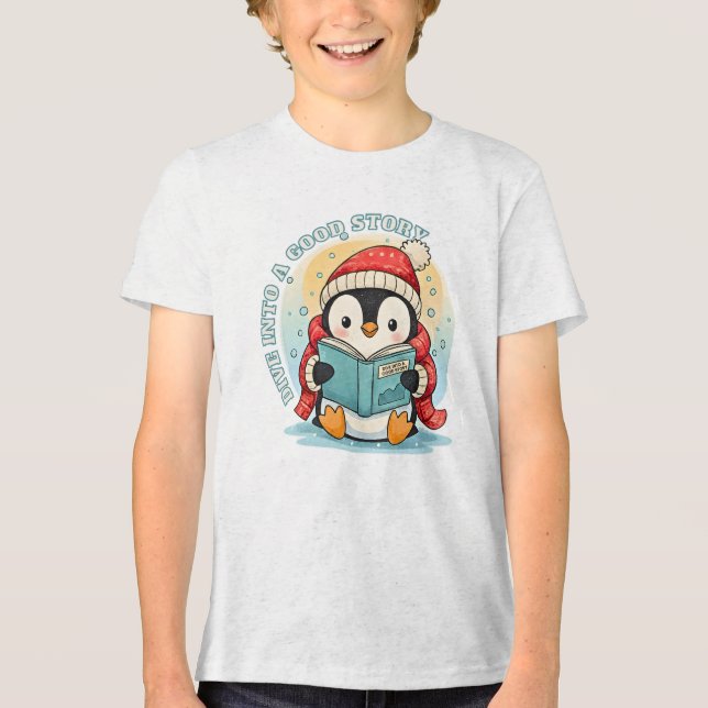 Barn Askgrå Läsande Pingvin Äventyr Bomull T-Shirt (Framsida)