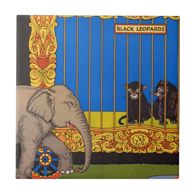 Barn av elefant utanför burarna av svartleoparder kakelplatta (Framsidan)
