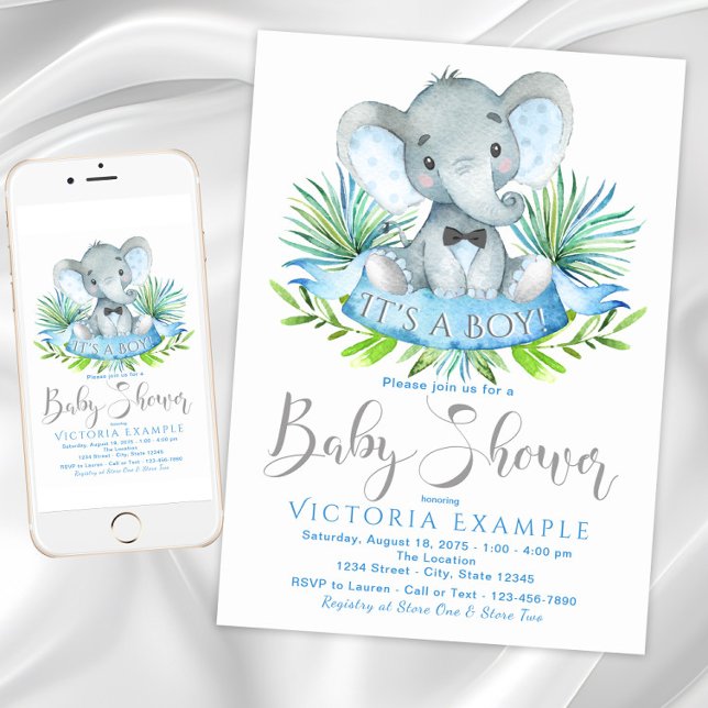 Barn Baby Elefant Baby Shower Inbjudningar (Boy elephant baby shower invitation. Instant download and printed available.)