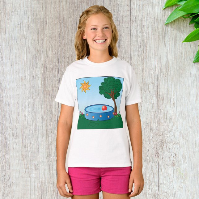 Barn bakgård pool scen med solträd t shirt (Skapare uppladdad)