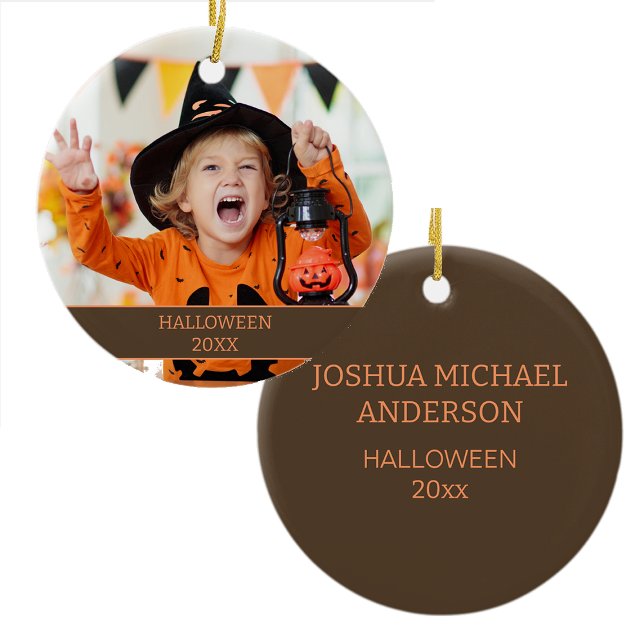 Barn Barnbarn Halloween Foto Namn Datum Julgransprydnad Keramik (Halloween photo ornament)