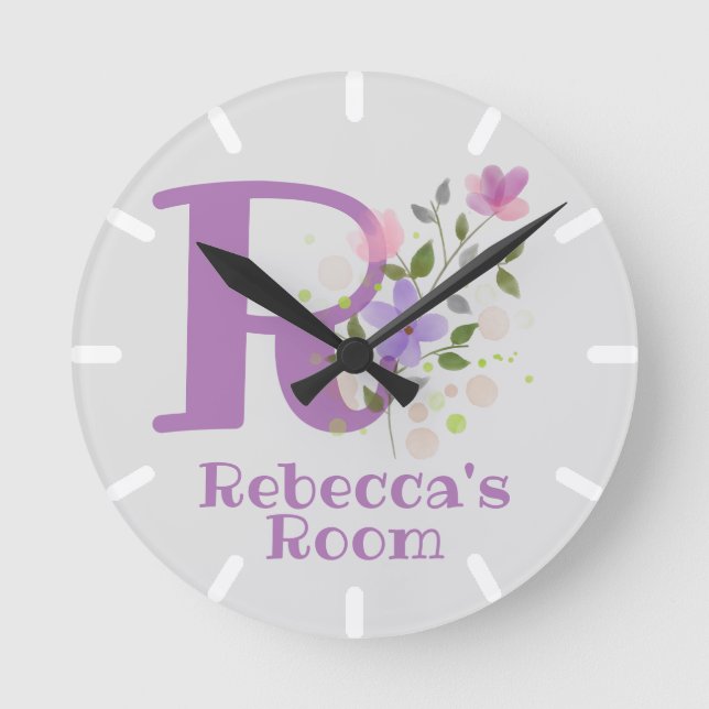 Barn Bedroom Clock med Namn & Initial Rund Klocka (Framsida)