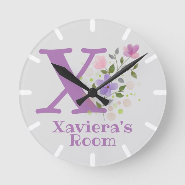 Barn Bedroom Clock med Namn & Initial Rund Klocka (Framsida)