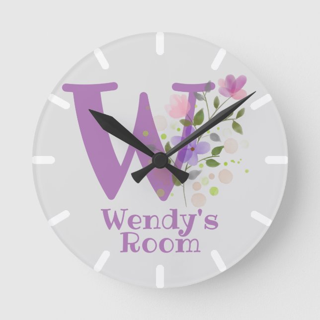 Barn Bedroom Clock med Namn & Initial Rund Klocka (Framsida)