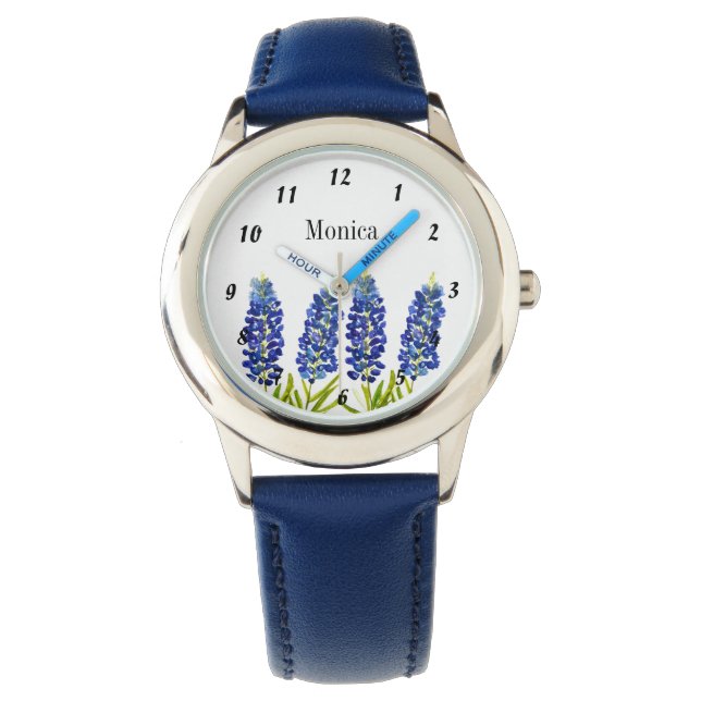 Barn Blåbon Texas Blommor Namn Akvarell Armbandsur (Framsida)