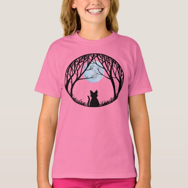 Barn Black Cat T-shirt Spooky Tjock Cat Barn Tee (Framsida)