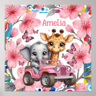 Barn Blommig Baby Djungeldjur & Namn Nursery Poster