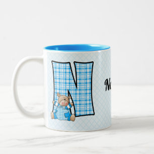 Barn Blue Bear Monogram Brev N Namn Två-Tonad Mugg