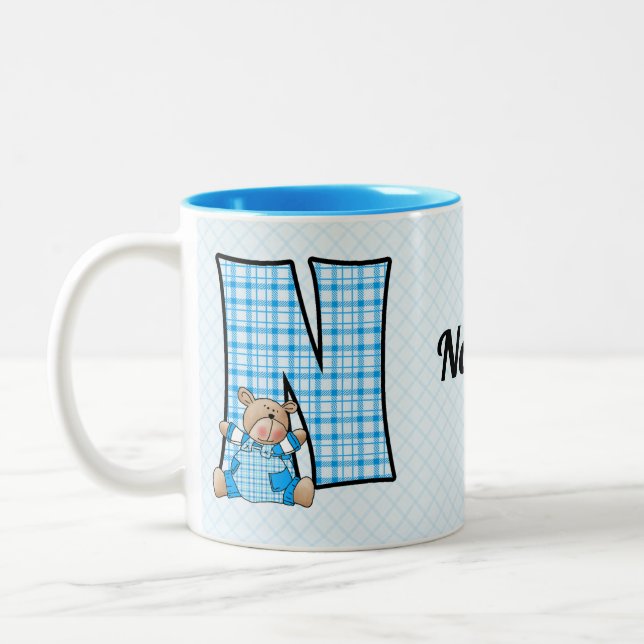 Barn Blue Bear Monogram Brev N Namn Två-Tonad Mugg (Vänster)
