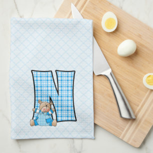 Barn Blue Gingham Skriv ut Monogram Big N Kökshandduk