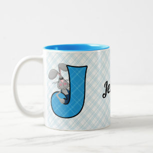Barn Blue Jackkanit Monogram Brev J med Namn Två-Tonad Mugg
