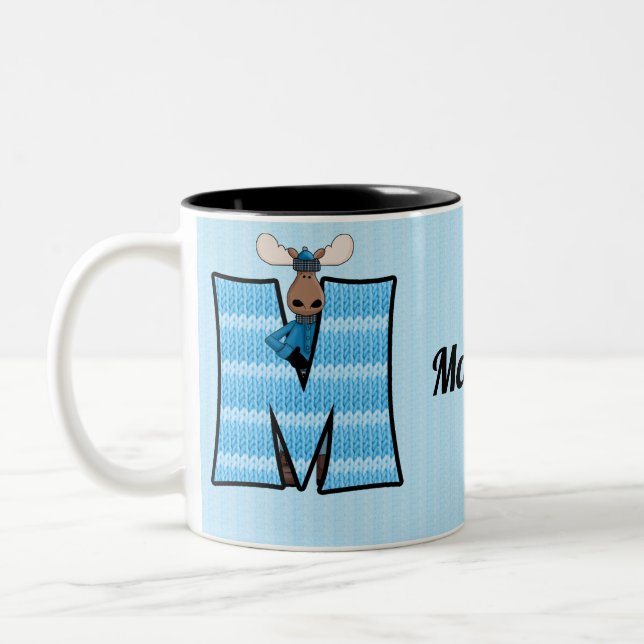 Barn Blue Moose Monogram Brev M med Namn Två-Tonad Mugg (Vänster)