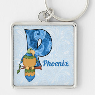 Barn Blue Paisley Parrot Monogram Brev P Fyrkantig Silverfärgad Nyckelring
