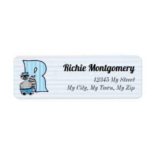 Barn Blue Raccoon Monogram Brev R Adress Returadress Etikett