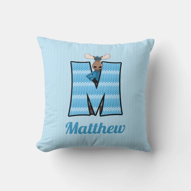 Barn Blue Sticka Skriv ut moose Monogram Brev M Kudde (Framsida)