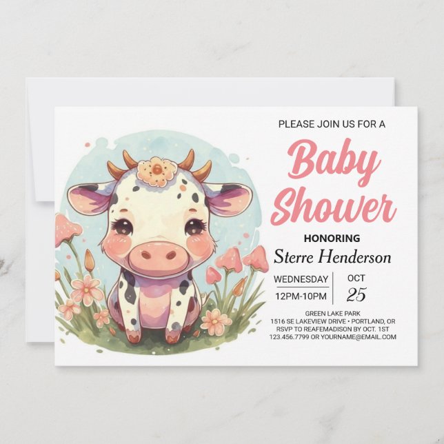 Barn Boho Anpassningsbar Cow Baby Shower Inbjudningar (Framsida)