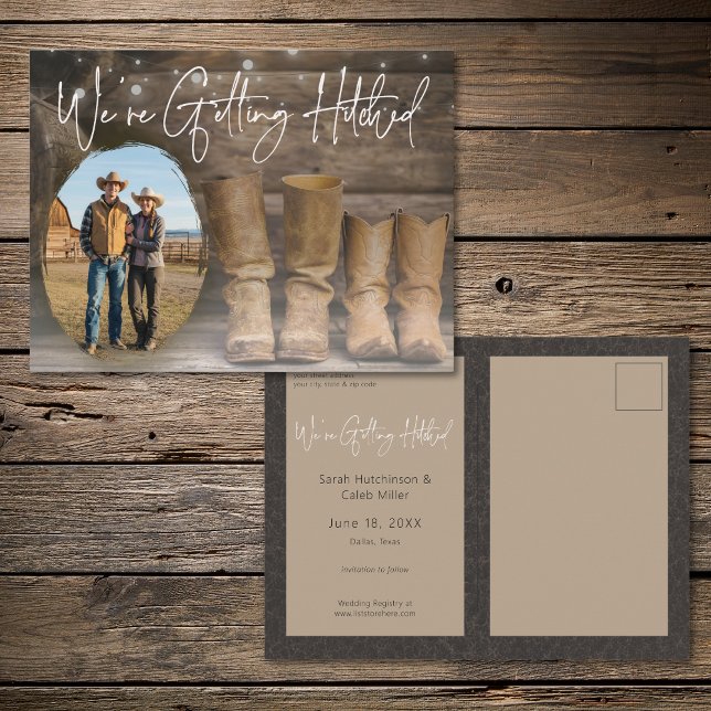 Barn & Boots Rustic Cowboy Photo Save the Date Meddelande Vykort (Barn & Boots Rustic Cowboy Photo Save the Date Announcement Postcard)