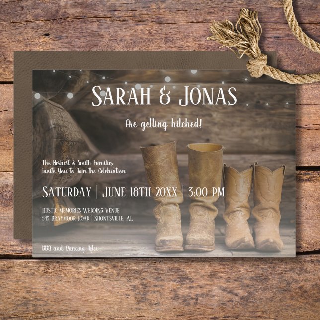 Barn & Boots Rustic Cowboy Westernare Bröllop Inbjudningar (Barn Rustic Boots for Two Cowboy Wedding Invitation)