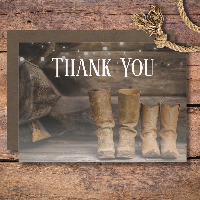 Barn & Boots Rustik Cowboy Västerländsk Bröllop Tack Kort (Rustic Boots for Two Cowboy Wedding Thank You Card)