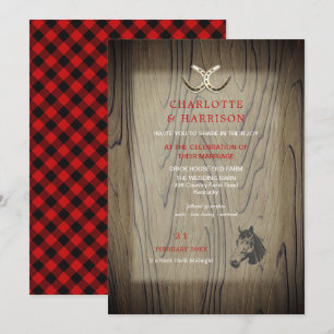 Barn Bröllop Wood Red Buffalo Plaid Land Rustic Inbjudningar