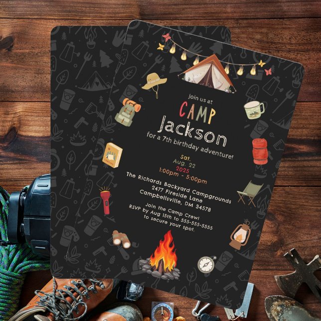 Barn camping födelsedagsinbjudan inbjudningar (Enjoy an unforgettable camp birthday party with this fun invitation template.)