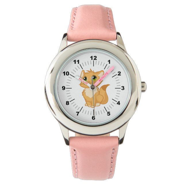 Barn Cute Cat Rosa Leather Strap Watch Armbandsur (Framsida)