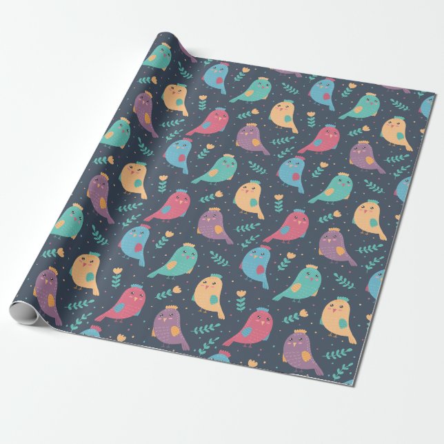 Barn Cute Colorful Birds Peeking Grönt Blue Gult Presentpapper (Utrullad)