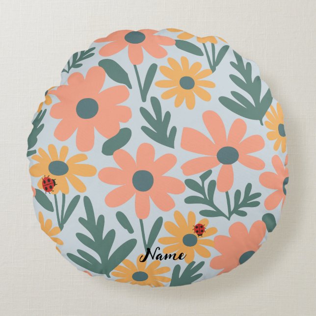 Barn Cute Ladybug Polka punkt Daisy Flower Mönster Rund Kudde (Framsidan)