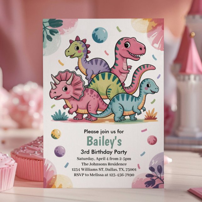Barn Cute Rosa Dinosaur 3:e födelsedagen Party Inbjudningar (Skapare uppladdad)