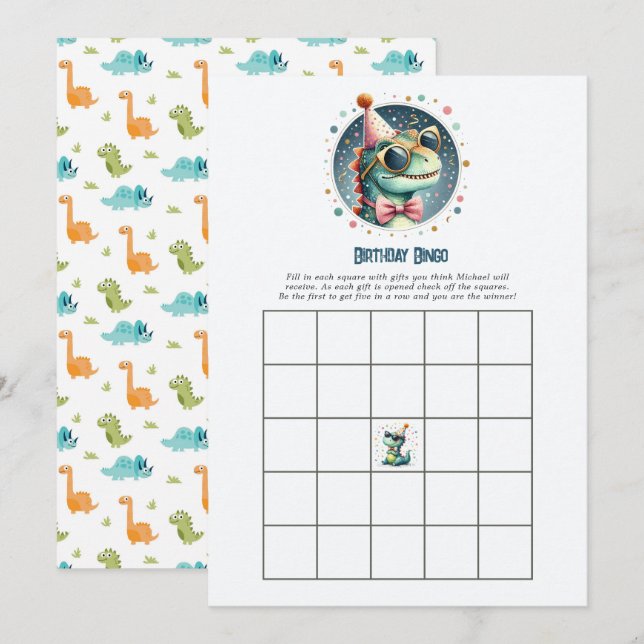 Barn Dinosaur Födelsedags Bingo Spel Inbjudningar (Fram/baksida)