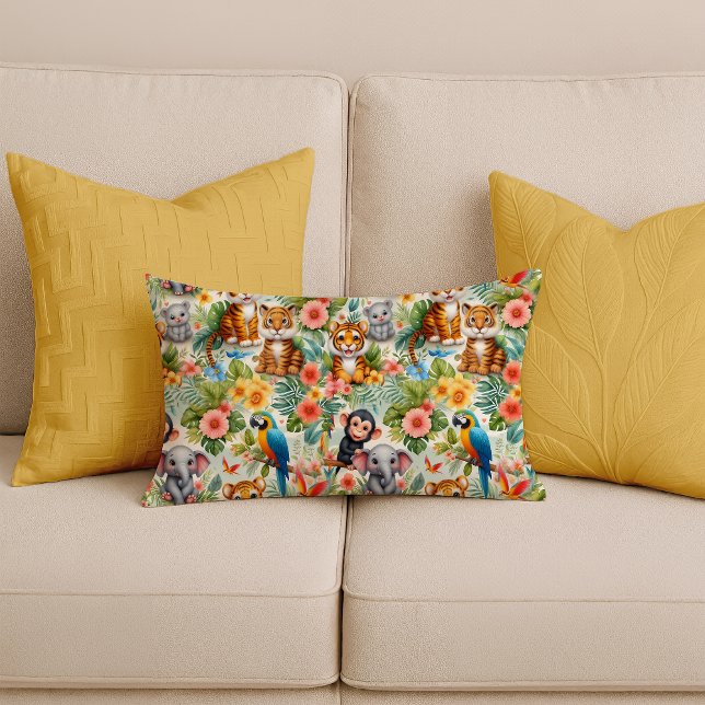 Barn Djungeldjur Tropisk Ländryggskudde Lumbarkudde (Baby Jungle Animals Tropical Lumbar Pillow)