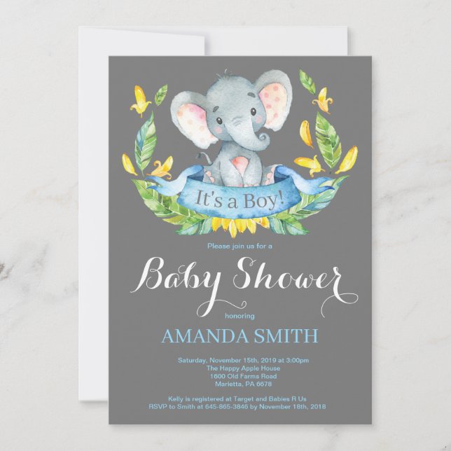 Barn elefant baby shower inbjudan Blå och Grå (Framsida)