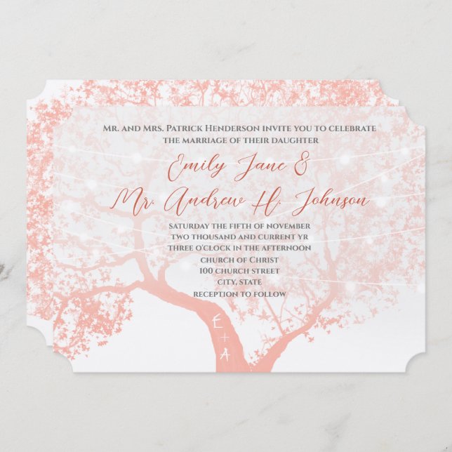 Barn eller Woodland Coral Forest Typography Bröllo Inbjudningar (Fram/baksida)