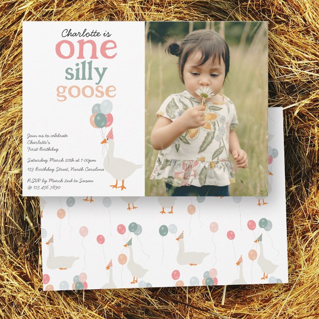 Barn Ett Fånig går på Födelsedagsfesten 1:a cute P Inbjudningar (Kids One Silly Goose 1st Cute Photo Birthday Party Invitation)