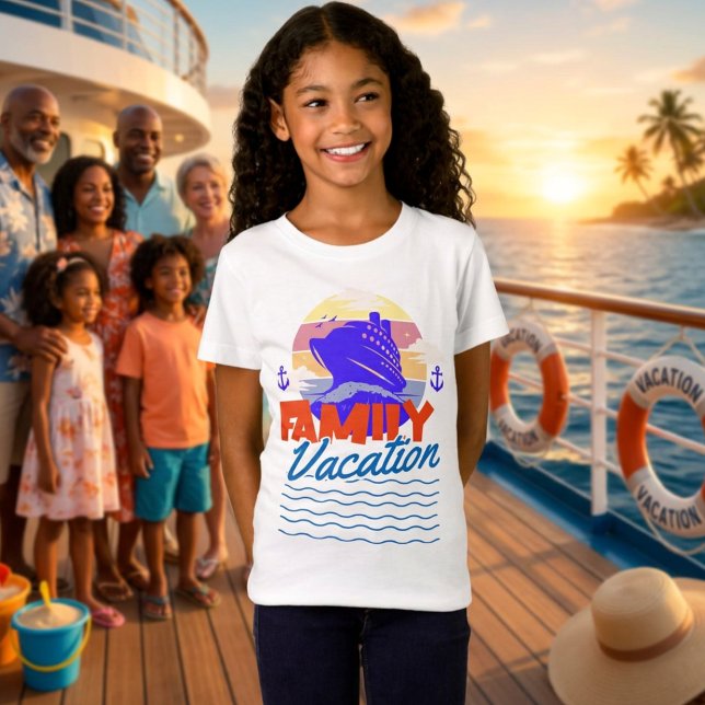 Barn Familj Kryssning Blå/Orange Semester Solnedgå T Shirt (Skapare uppladdad)