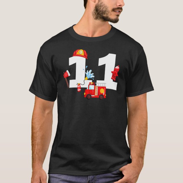 Barn Fire Lastbil 11:e födelsedagspojken Firefight T Shirt (Framsida)