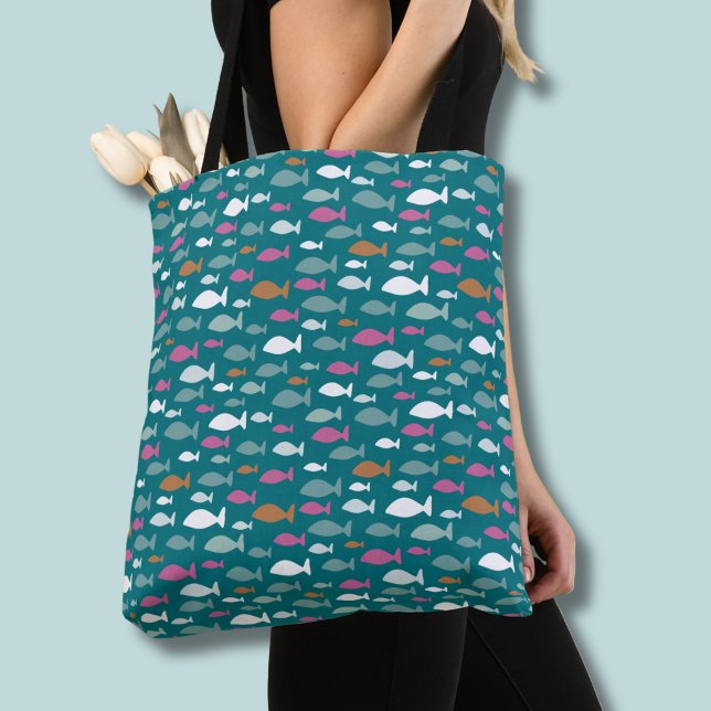 Barn Fisk mönster Tygkasse (Fish Shoal green tote bag)
