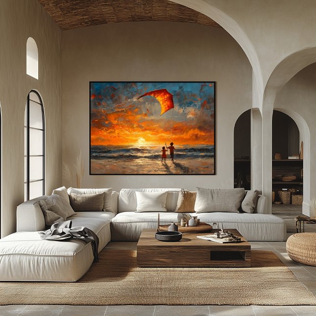 Barn flyger drakar vid solnedgång - Levande strand Poster (Skapare uppladdad)