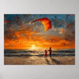 Barn Flyger Drake vid Solnedgång - Levande Strand Poster