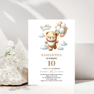 Barn Födelsedag Teddybjörn Guld Ballonger Fest Inbjudningar